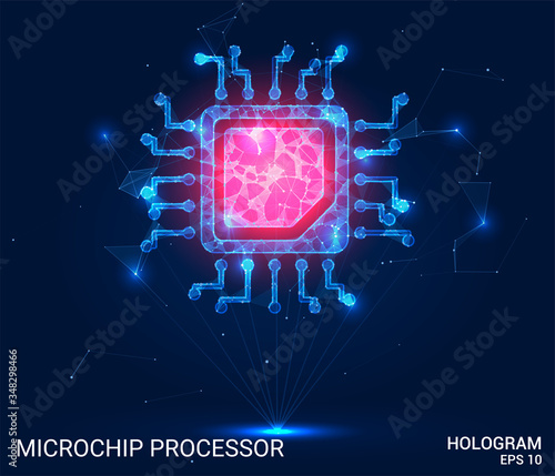Hologram microprocessor. The processor consists of polygons, triangles, points, and lines. A microchip processes the lowpoly structure of the compound. The technology concept.