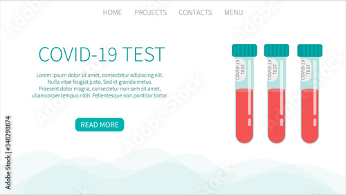 COVID-19 test. Tubes with blood sample. Concept of Coronavirus rapid test. Lab research and diagnosis. Medicine vector concept in flat design. Landing page website template.