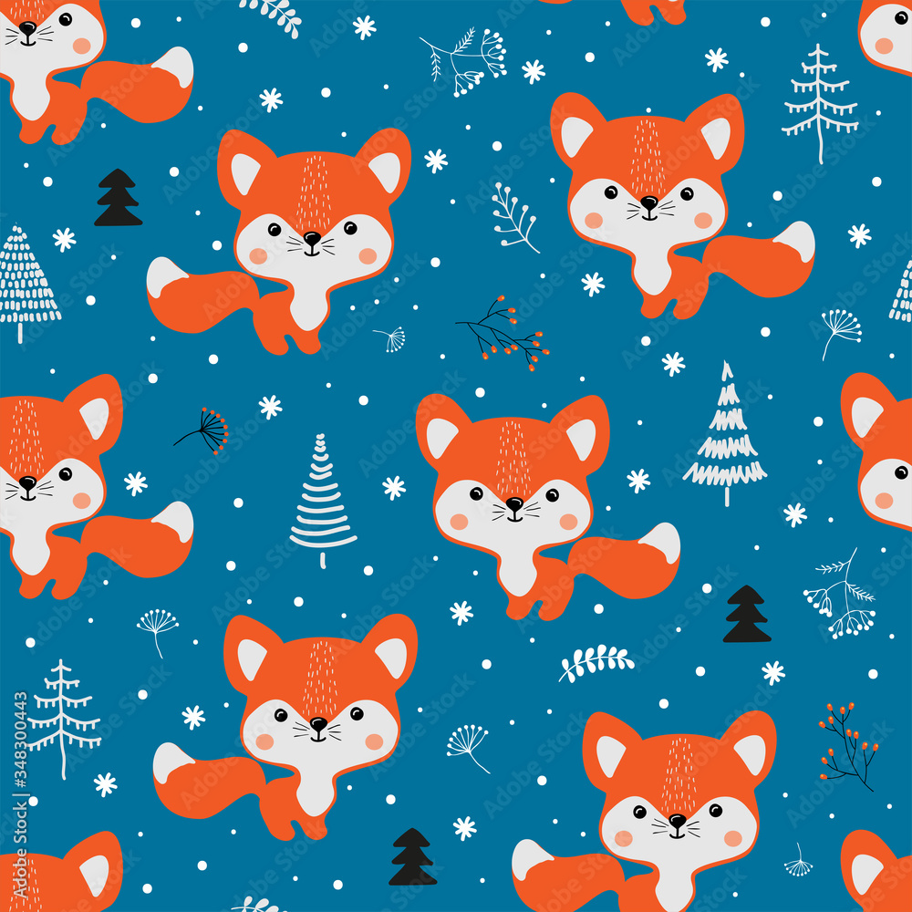 Vector seamless pattern cute little Fox with winter forest