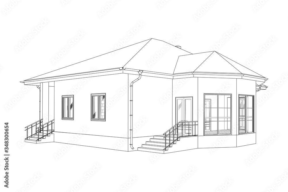 Modern building perspective 3D. Drawing of the suburban house. Outlines cottage on white background. House 3D model perspective vector. Cottage blueprint. EPS 10. 