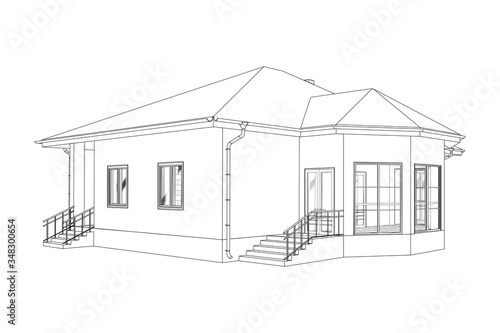Modern building perspective 3D. Drawing of the suburban house. Outlines cottage on white background. House 3D model perspective vector. Cottage blueprint. EPS 10. 