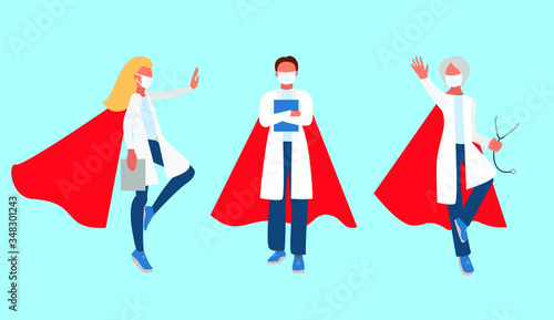 Medic Hero. Set of doctor charachters in superhero unifom and medical mask