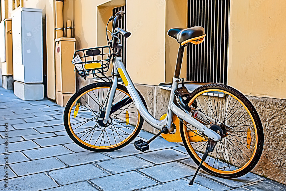 A bicycle parked in a street on sunny day in a city. A bicycle parked in a street on sunny day in a city.