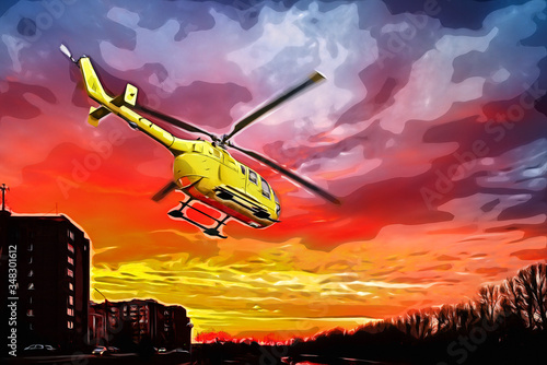 Fototapeta Naklejka Na Ścianę i Meble -  A drawing of a yellow helicopter taking off on the background of bright orange sunset.
