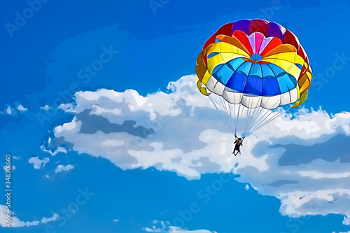 A drawing of paragliding using a parachute on the background of cloudy blue sky.
