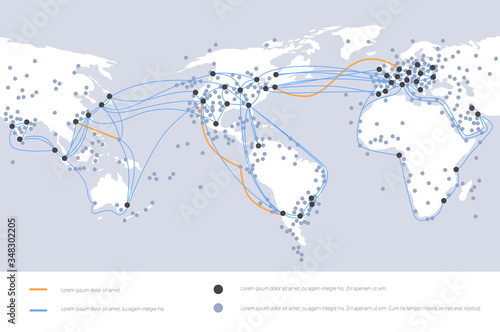 global network cable connections and information transfer system world map technology internet connection telecommunications concept infographic horizontal copy space vector illustration