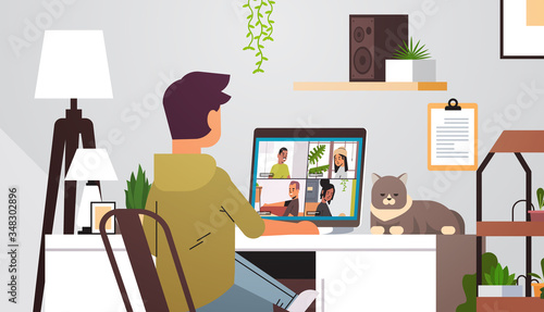 man meeting with mix race friends during video call coronavirus quarantine concept people having virtual fun live conference living room interior horizontal portrait vector illustration