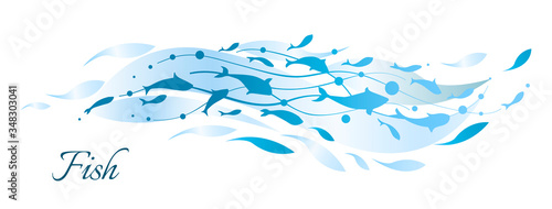 Fish blue wave. Decorative flock of fish. Logo design template. Vector illustration.