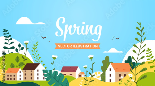 landscape with buildings hills flowers and leaves floral spring poster lettering greeting card horizontal vector illustration