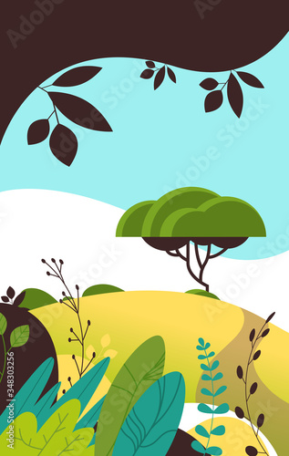 beautiful landscape with flowers and leaves floral spring poster vertical greeting card vector illustration