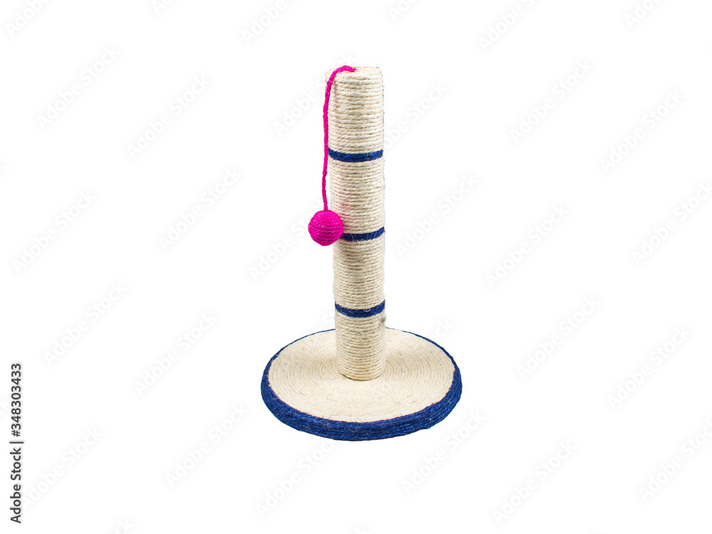 Isolated cat scratching post rope sisal with pink ball toy on a white background. Isolated cat scratching post rope sisal with pink ball toy on a white background.