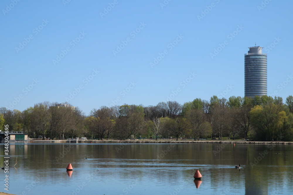 Fototapeta premium Nuremberg, Bavaria / Germany - April 12, 2020. View on the recreation area called Wördersee.