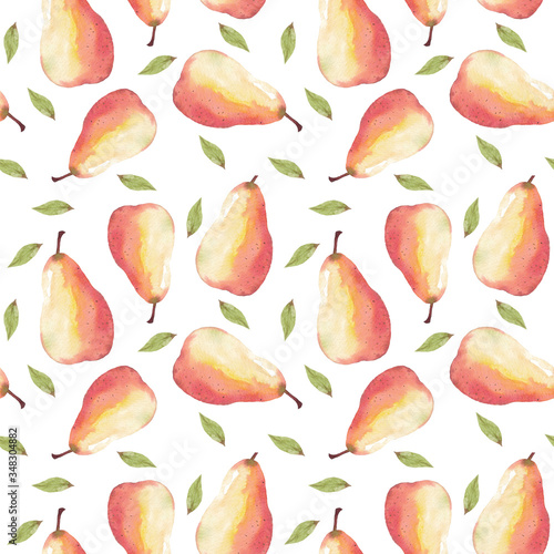 Seamless pattern of hand-drawn watercolor pears on a white background. Use for menus, invitations.