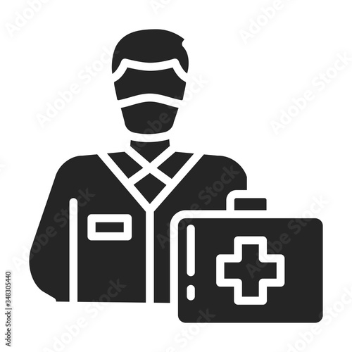 Masked doctor man with a suitcase black glyph icon. Coronavirus prevention. Emergency. Pictogram for web page, mobile app, promo