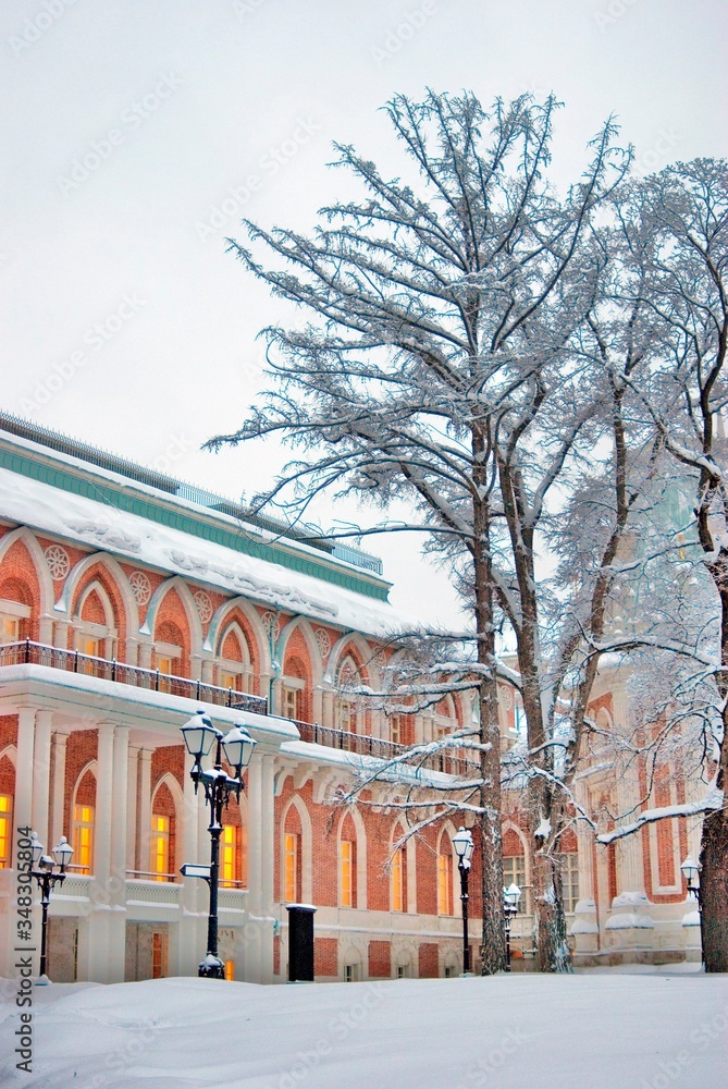 Architecture of Moscow city. Tsaritsyno park. Color winter photo.	