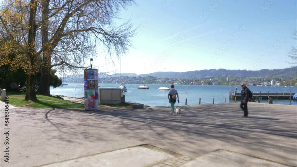 hyperlapase zurich sunny day lake, boats, green grass and streets
