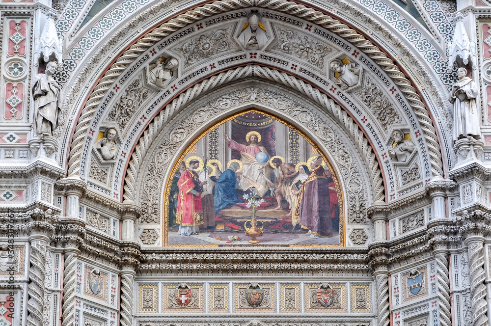Facade of Cathedral of Saint Mary of the Flower (Cattedrale di Santa Maria del Fiore) or Duomo di Firenze, Florence, Italy