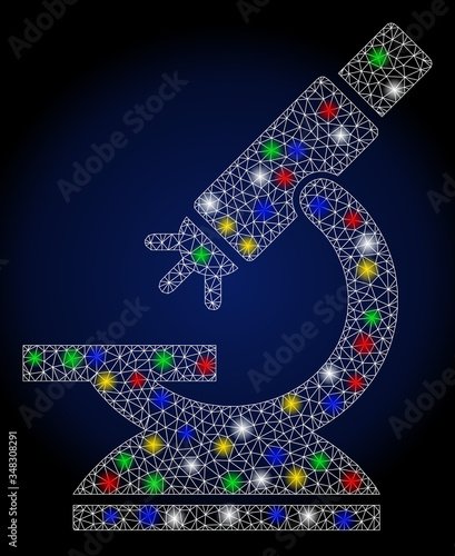 Flare mesh labs microscope with glitter effect. Abstract illuminated vector model of labs microscope icon on a dark blue gradiented background. White wire carcass polygonal mesh labs microscope.