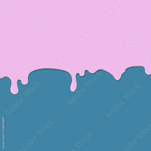 Pink paint or other liquid flows down or drips on a turquoise vector background in pastel colors. For your cartoon style design.