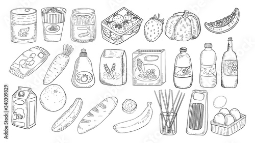 beautiful grocery items freehand sketch drawing style in black and white color set. Instant noodle cup, corn flake box, can food, wine bottle, snack, fruit, vegetable . 