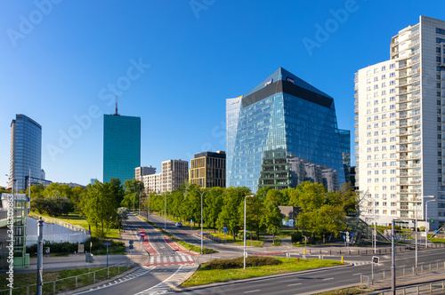 Panoramic view of Gdanski Business Center commercial quarter in northern Srodmiescie district of Warsaw, Poland, with Intraco and North Gate towers in background photo