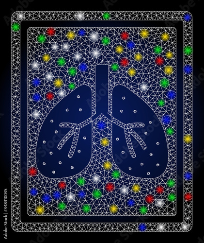 Glowing mesh lungs fluorography with glitter effect. Abstract illuminated vector model of lungs fluorography icon on a dark blue gradiented background.