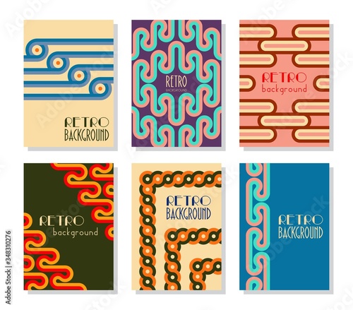 Retro abstract posters set. Backgrounds with round geometric shapes and stripes