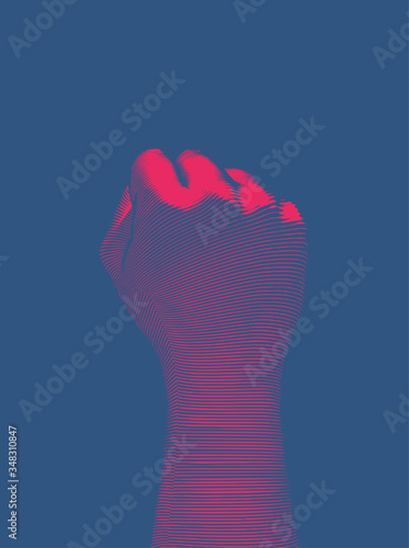 Red engraving back human fist wrist illustration on blue BG