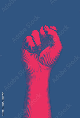 Red engraving human fist wrist hand up illustration on blue BG