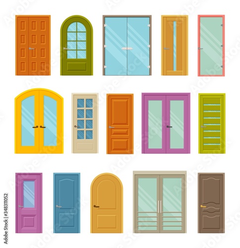 Set of colored front closed doors to houses and buildings. Design with and without glass