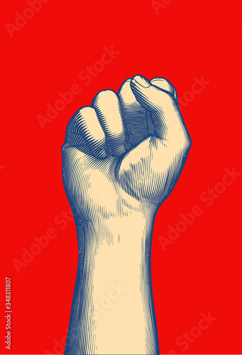 Retro engraving human fist wrist hand up illustration on red BG