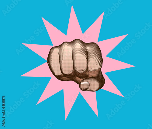 Retro engraving human fist punch vector illustration isolated on blue BG