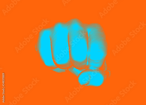 Colorful glyph engraving human fist punch vector illustration isolated on orange BG