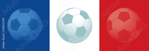 Engraving soccer ball illustration on three color tab BG