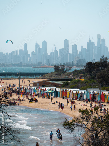 Busy brighton beach in melbourne summer sunny day seaside