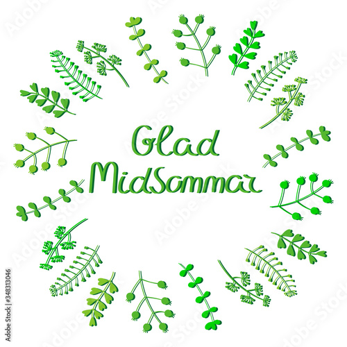 The inscription is in Swedish. happy holiday. A wreath with an Inscription and simple flowers. Vector illustration