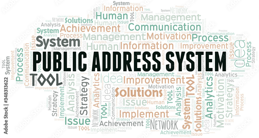Public Address System typography vector word cloud.