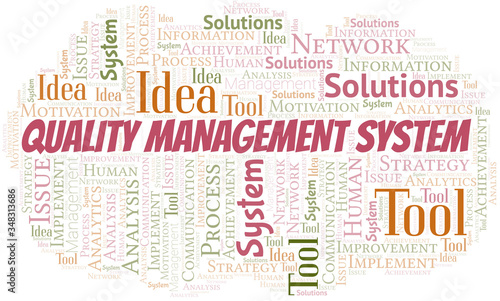 Quality Management System typography vector word cloud.