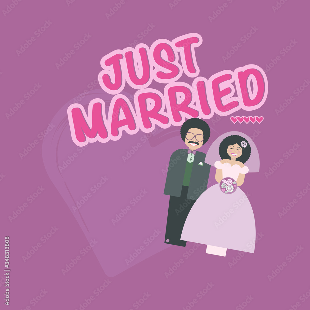 Wedding concept. Paper bride and groom. Congratulatory card just married. Retro flat cartoon style. Illustration for t shirts Wedding concept. Paper bride and groom. Congratulatory card just married. Retro flat cartoon style. Illustration for t shirts