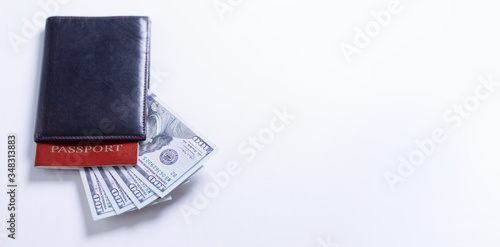 Fotografi Cash notes and passport. Tourism concept.