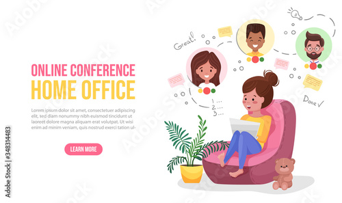 Woman Working at Home Office landing page template. Cute character sitting on pouf at room, Online video conference, she is talking with colleagues online from home.  Flat cartoon Vector Illustration.