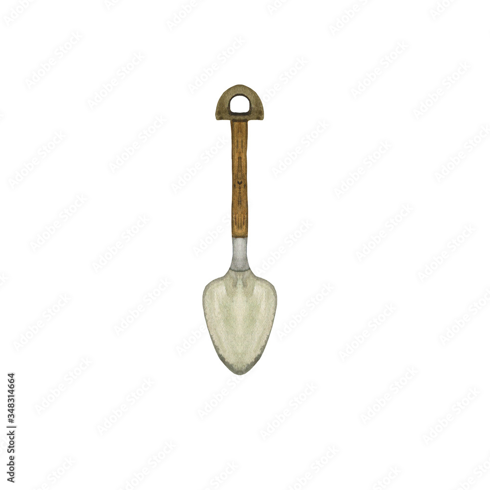 Watercolor illustration of a garden shovel. Hand-drawn with watercolors and is suitable for all types of design and printing. Watercolor illustration of a garden shovel. Hand-drawn with watercolors and is suitable for all types of design and printing.