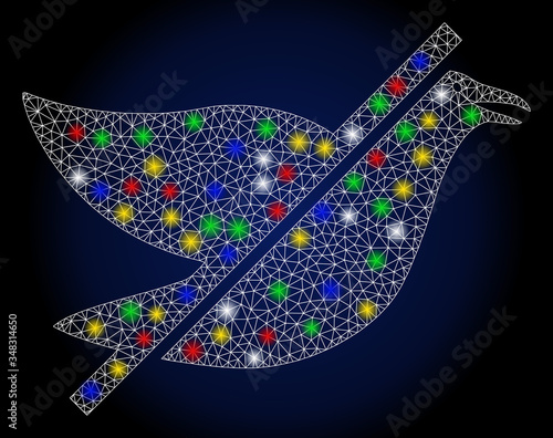 Glossy mesh no bird with lightspot effect. Abstract illuminated vector model of no bird icon on a dark blue gradiented background. White wire carcass polygonal network no bird.