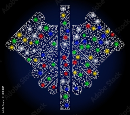 Glowing mesh no handshake with constellation effect. Abstract illuminated vector model of no handshake icon on a dark blue gradiented background. White wire carcass triangular mesh no handshake.