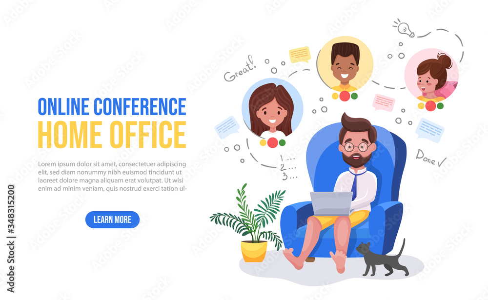 Video conference landing page. Man sitting at home with laptop having video call meeting with colleagues or clients at home. Video conferencing and online meeting workspace. Vector flat illustration