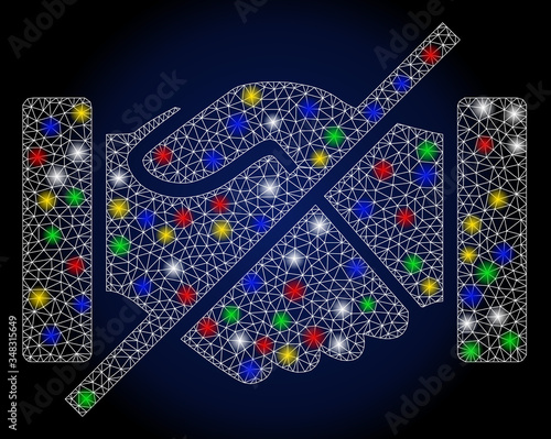 Glossy mesh no handshakes with lightspot effect. Abstract illuminated vector model of no handshakes icon on a dark blue gradiented background. White wire carcass polygonal mesh no handshakes.