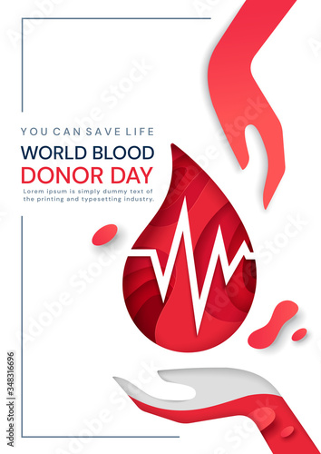 Medical poster design for World Blood Donor Day with two hands surrounding a droplet of blood with pulse or heartbeat over white with text and copy space, red themed vector illustration