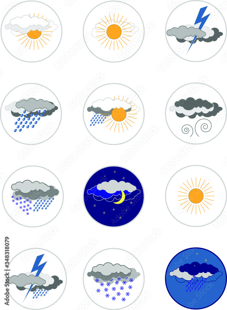 Weather icons for print, web or mobile application. Weather icons for print, web or mobile application.
