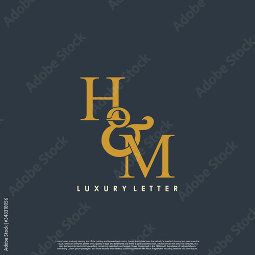 Initial letter H & M HM luxury art vector mark logo, gold color on black background.