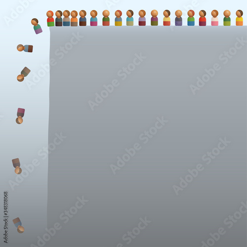 Figures jumping off a cliff like lemmings. Symbol for blind obedience, group pressure, thoughtlessness, stupidity, incapacity, depression or submission. Vector illustration.
